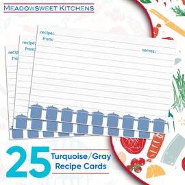 Meadowsweet Kitchens Recipe Card Set - 25 Double Sided Recipe Cards 4 x 6 Inch, Perfect Size Blank Cards for a Recipe Card Box, Make Your Own Personalized Recipe Book - Turquoise Gray