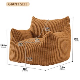 Achicsofar Giant Bean Bag Chairs for Adults Teens, Large Bean Bag Sofa Chairs with Filling Comfy Fuzzy BeanBag Chair with Armrests for Bedroom Living Room Reading (Brown, Large)