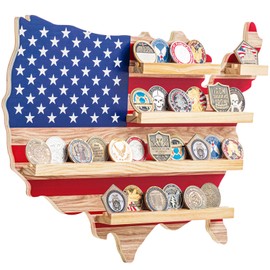 Marsui Challenge Coin Display Holder Wall Mount American Us Flag Military Coin Holder Display Double Slot Hold 30 Wooden Stand Rack Gift for Police Veteran Military Army Father Patriotic Decor