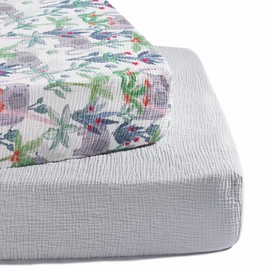 TILLYOU Muslin Crib Sheets for Boys and Girls 2 Pack, Neutral Soft Cotton Baby Crib Mattress Protector, for 52"x 28" Toddler Bed, Rainforest Elephant & Grey