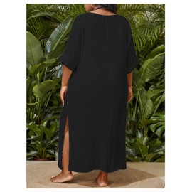 WDIRARA Women's Plus Size Swimwear V Neck Half Sleeve Split Side Cover Up Beach Dress Black XX-Large Plus