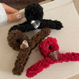 New 2024 Imported Women's Large Love Lamb Plush Claw Clip for Autumn/Winter - Plaid Pattern Patterned Love Plush Clip [Black] 20ea