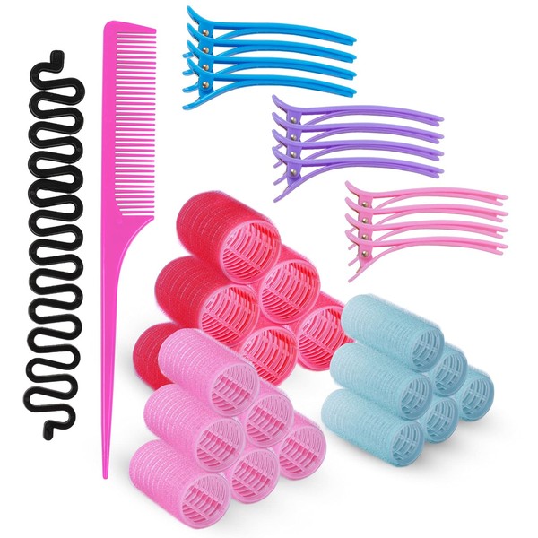 Rollicky Velcro Hair Rollers Set (32Pcs) - 18 Self Grip Velcro Hair Rollers for Hair Volume & Styling (6 Small, 6 Medium, 6 Large), 12 Duckbill Hair Clips, a Hair Braider & a Hair Comb
