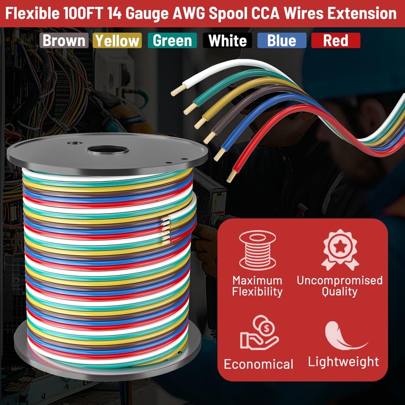 100FT 6 Wire Trailer Wire, 14 Gauge CCA Wishbond Color-Coded