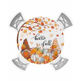 Fall Pumpkin Elastic Round Tablecloth, Cute Gnome Pumpkin Maple Leaves Thanksgiving Fitted Tablecloths for Round Table Oil-Proof Waterproof Fall Harvest Table Cloth (Fit for 36" - 44" Round Table)