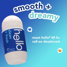 hello Clean & Fresh Roll On Deodorant, Aluminum Free Deodorant for Women + Men, 48 Hour Non Sticky Formula, Dries Quick and Leaves No White Residue, Travel Deodorant, 2 Pack, 1.69 oz Tubes