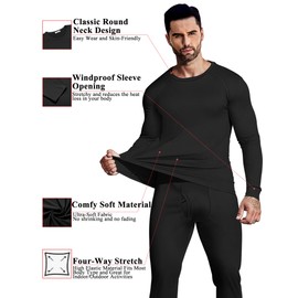 Ekouaer Men's Long Johns Thermal Underwear Comfy Soft Elastic Fabric Base Layer Set Cold Weather Warm Top and Bottom Black