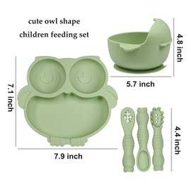 IDVVSSX Owl Shape Silicone Baby Feeding Set, Toddler Suction Plates and Bowls Set with Spoons, Kids Silicone Dinnerware Set Eating Utensils, Green