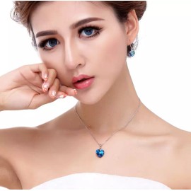 "Handmade" Sterling Silver Crystal Sapphire Heart Pendant Necklace Drop Earrings Set F12