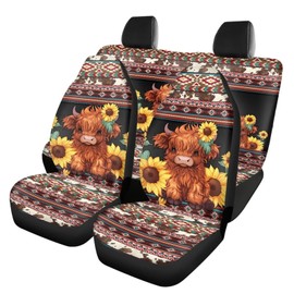 Bulopur Cute Highland Cow Car Accessories Set of 4 Pieces,2 Pieces Car Front Seat Covers +2pc Split Bench Cover Back Seat Protector Full Set for Women Men Gifts,Universal fit