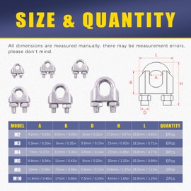 Glarks 30Pcs M2 M3 M4 M6 M8 M10 Wire Rope Clamp Clips Assortment Set 304 Stainless Steel Wire Rope Cable Clamps for Rigging Rope, Wire and Cable