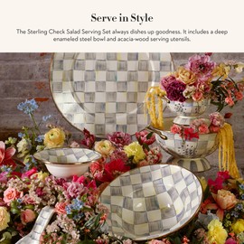 MACKENZIE-CHILDS Enamel Salad Serving Set, Enamel Bowl and Wooden Salad Servers, Decorative Kitchen Set, Gray-and-White Sterling Check