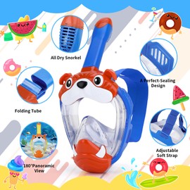 Kids Full Face Snorkel Mask, Snorkeling Gear for Kid, 180° Panoramic View Snorkeling Mask with Adjustable Elastic Fabric Straps - Anti-Fog & Anti-Leak - Portable Mesh Bag