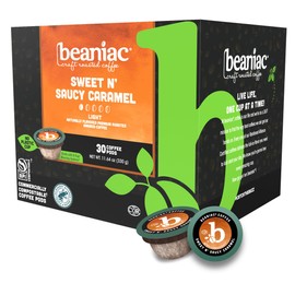 beaniac Sweet n' Saucy Caramel, Flavored Light Roast, Single Serve Compostable K Cup Coffee Pods, Arabica Coffee with Natural Flavors, Keurig Brewer Compatible, 30 Count