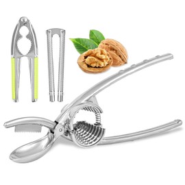 2-in-1 Nut and Chestnut Cracker Tool Set, Heavy-Duty Stainless Steel Shell Cracker with Non-Slip Green Handle for Nuts, Walnuts, and Seafood (3 pcs)
