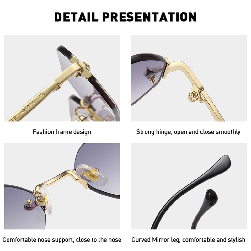 RUNHUIS Retro Rimless Rectangular Sunglasses for Women Men Vintage Hexagon