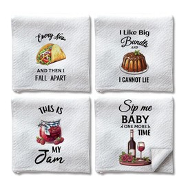 WADORN Pack of 4 Funny Tea Towels, Cute Decorative Tea Towels with Joke Sayings, 60 x 40 cm, Microfibre, Absorbent, Soft Tea Towels for Bathroom, Dining Room, Holidays, Housewarming