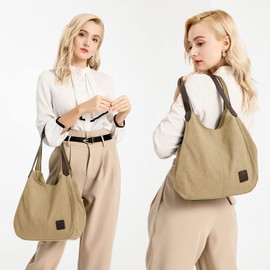 KONO Women's Canvas Shoulder Bag Vintage Hobo Handbag Shoulder Bag Shopper Bag for Work School Travel, khaki, Classic
