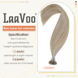 LaaVoo Nano Hair Extensions Real Human Hair 100 Strands 24 Inch 50g Dark Blonde Highlight Platinum Blonde Nano Beads Ring Hair Extensions Straight Remy Hair Extensions #18/613