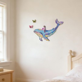 Colorful Wooden Dreamy Whale and Girl Wall Art, Cute Mosaic Style Ocean Animal Beach Theme Coastal Hanging Sign for Kids Room Bedroom Bathroom Pool Lake House Nursery Girl DIY Seaside Decor