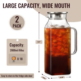 2 Pack 2 Liter/68 oz Square Glass Pitcher with Lid, Classic Stripes Water Pitchers with Handle for Fridge, Large Jug for Iced Tea, Coffee, Borosilicate Glass Carafe for Hot/Cold Brew Drink, Silver