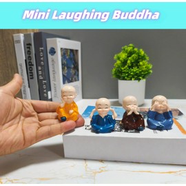 4Pcs Laughing Buddha Statue Decor - 1.7IN Buddha Statue for Wealth, Good Luck & Feng Shui, Zen Decoration for Home, Office Desk, Shelves, or Zen Garden Décor. Perfect for Indoor & Outdoor Spaces