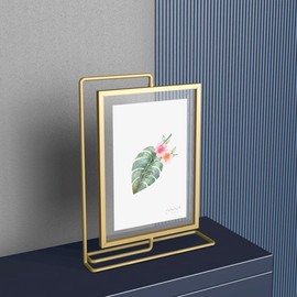 ZUOMIDIE Tabletop Photo Frame with Cover and Free Spinning Stand, Picture Frame Glass Photo Frame Gold Geometric Ornament Vertical Decor Artwork Picture Display (Gold)