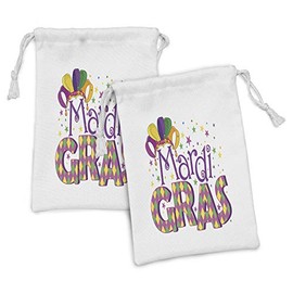 Ambesonne Mardi Gras Fabric Pouch Set of 2, Joyous Composition Lettering Stars and Party Hat, Small Drawstring Bag for Toiletries Masks and Favors, 9" x 6", Purple Yellow Green