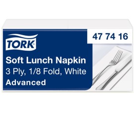 Tork Soft Lunch Napkin White, 1/8 Fold, 3-Ply, 33 cm × 33 cm, 150 Napkins, 477416
