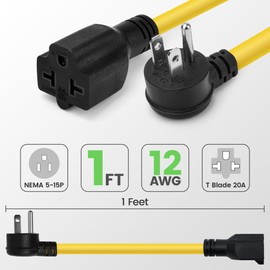 [4-in-1]12AWG Right Angle 15 Amp Household AC Plug to 20 Amp T Blade Adapter Cable 1 Feet,90 Degree 15A 125V to 20A 250V Power Extension Cord Converter, Nema 5-15P to 5-15R/5-20R, 5-15P to 6-15R/6-20R