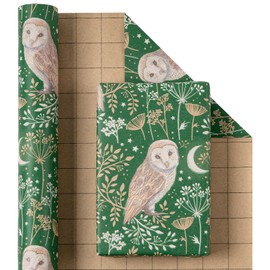 RUSPEPA Kraft Christmas Wrapping Large Paper Roll, Jumbo Roll, Green Owl, Botanical and Moon Design, Whimsical Woodland Kraft Gift Wrap for Women, Kids, Friends, Xmas Holiday, 30 Inches x 32.8 Feet