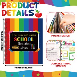 Motipuns School Memory Book Photo Album for Kids, School Years Keepsake Book Album Scrapbook from Preschool Through 12th Grade with 14 Pocket for Storage Portfolio Every Grade Pictures (Rainbow)