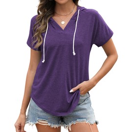Poetsky Casual V Neck Shirts for Women Summer Short Sleeve Tops Loose Fitting Lightweight Comfy Basic Tee, Purple, XXL