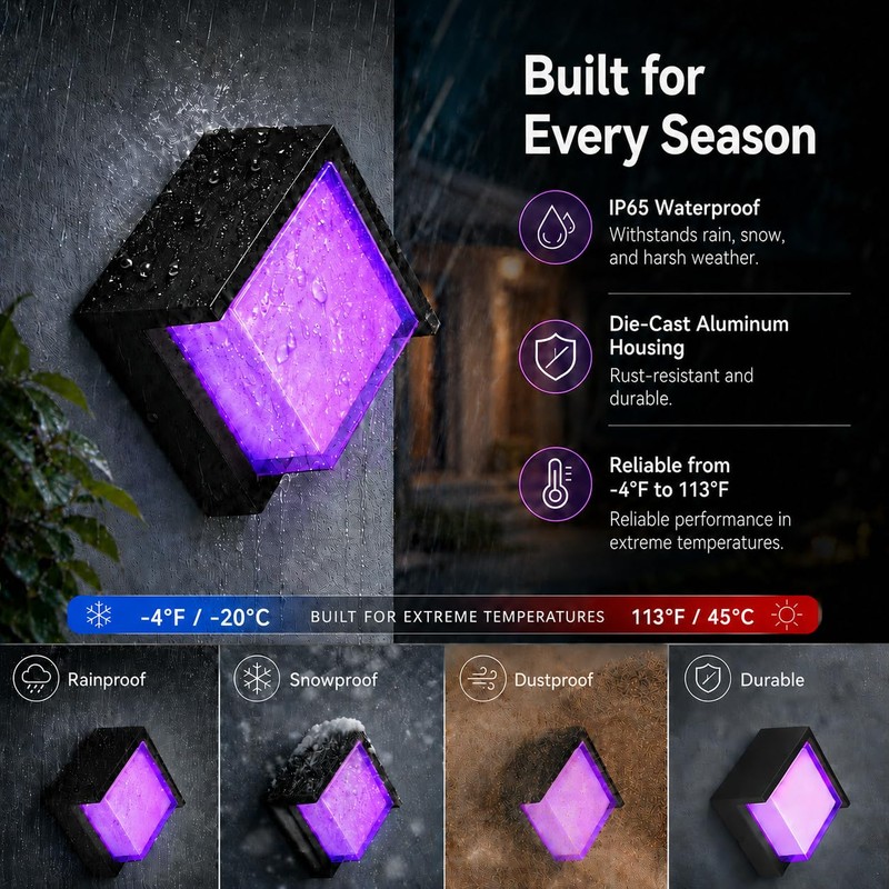 Meevt Outdoor Wall Lights, Square, 1 Pack, 1200LM RGBCW Smart