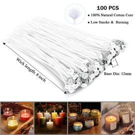 Antunihood Bulk Candle Wicks 100 Pcs with 60Pcs Candle Wick Stickers and 10 Pcs Wooden Candle Wick Centering Device for Soy Beeswax Candle Making (8inch)