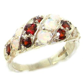 LetsBuyGold 925 Sterling Silver Real Genuine Opal and Garnet Womens Band Ring - Size 11