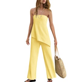 SENSERISE Womens 2 Piece Outfits Summer Knit Sweater Set Matching Lounge Set Off the Shoulder Tops and Pants(Yellow,S)