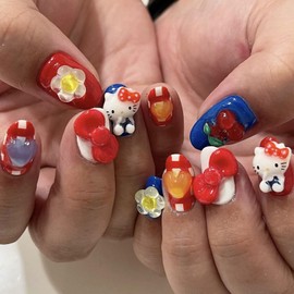 24 PCS Press on Nails Kitty Cat Fake Nails Bow Fake Nails Flower Fake Nails Short Fake Nails Gifts for Women and Girls (No.63)