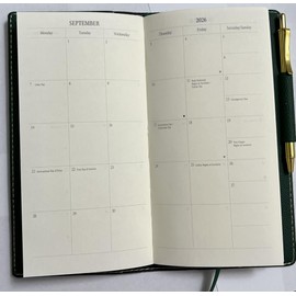 2026 Italian Bonded Leather Forest Green Monthly Pocket Planner/Engagement Calendar With Pen