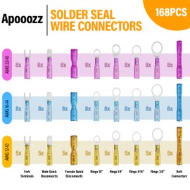 168 Pcs Heat Shrink Wire Connectors Kit- Electrical Waterproof Crimp Terminals Set- Insulated Rings Forks Spade Butt Splices- Wiring Connector Assortment for Automotive Marine Boat