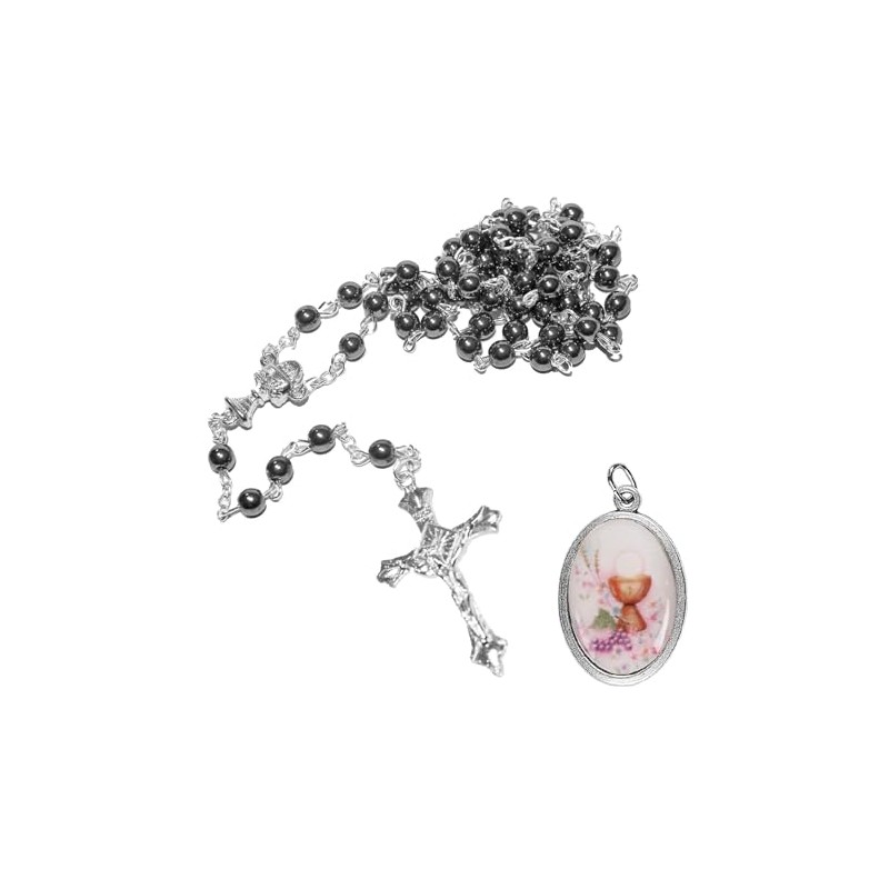 Holy Communion Hematite Rosary and Picture Medal Gift Set