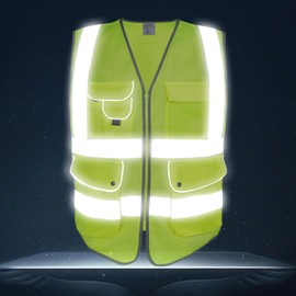 HPHST High Visibility Safety Vest for Men and Women, Cycling Vest with Zip, Reflective Vest, Work Vest, EN ISO 20471, Yellow mesh, XXL