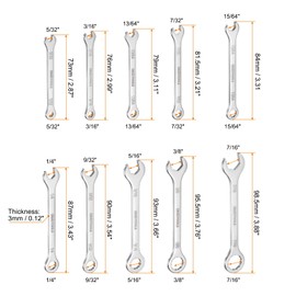 sourcing map Thin Combination Wrench Set 5/32" 3/16" 13/64" 7/32" 15/64" 1/4" 9/32" 5/16" 3/8" 7/16" 30Cr13 Spanner with Offset 12-Point Box End and 15° Open End for Auto Repairs