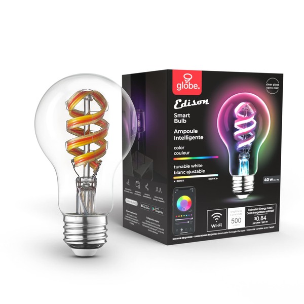 Globe Electric 35850 Wi-Fi Smart 7 W (40 W Equivalent) Spiral Filament Multicolor Changing RGB Tunable White Clear LED Light Bulb, No Hub Required, Voice Activated, 2000K - 5000K, Vintage Edison Style