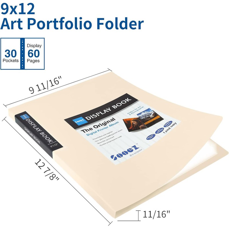 Sooez 30-Pocket Binder with Plastic Sleeves 9x12 (Ivory), Heavy Duty