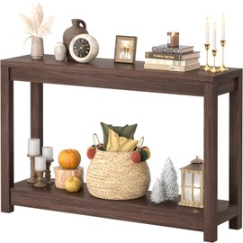 Besiost 47" Farmhouse Wood Entryway Table Narrow Console Table with Storage Behind Couch Sofa Table with Shelves Entry Way Tables with Open Storage, Easy Assembly, Black Walnut