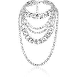 Chunky Gold Necklaces for Women, Multilayer Punk 80s Hip Hop Necklace, Layered Cuban Link Chain Statement Necklace, 90s Freaknik Outfit Accessories (Silver)