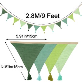 G2PLUS Fabric Bunting Banner with Tassel, 12PCS Double Sided Cotton Bunitng, 2.8m Baby Bunting for Nursery, Green Fabric Triangle Garland for Nursery/Baby Shower/Brithday/Party/Bedroom Decoration