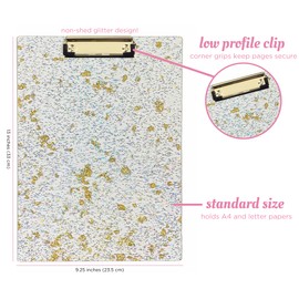 STEEL MILL AND CO. Steel Mill & Co. Sturdy Clear Clipboard with Glitter, Cute Decorative Acrylic Clipboard with Low Profile Metal Clip for A4/Letter Size Papers, Gold Glitter