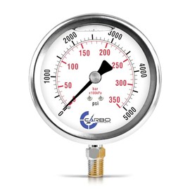 CARBO Instruments 5000 PSI Glycerin Liquid Filled Pressure Gauge, 4" Dial, 1/4 NPT Lower Mount, 304 Stainless Steel Case, Brass Wetted Parts, Dual Scale PSI/Bar - ASME B40.1 Grade A